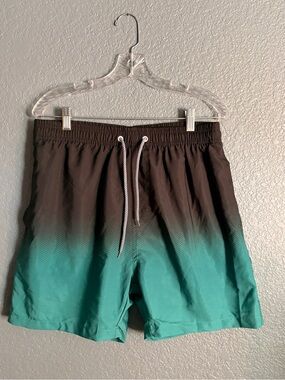 Men's Ombre Black to Teal Swim Trunks with Drawstring and Shorts Liner NWT